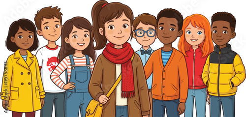 Diverse group of happy young multicultural children and teenagers standing together in colorful winter clothes, flat vector illustration