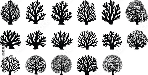 Coral reef silhouette set isolated on white background, underwater sea plant collection, marine life nature vector illustration for aquatic design