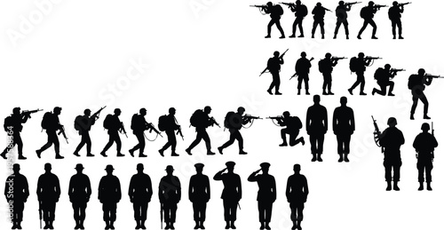 Large collection of black silhouettes of soldiers in combat poses saluting and marching isolated on white background, military army concept,