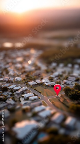 Aerial view of a suburban neighborhood with a location pin highlighted.