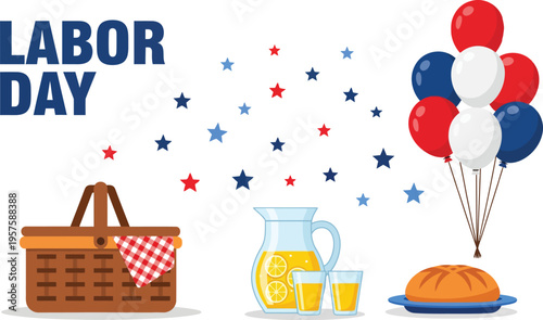Labor Day celebration with picnic basket food and drinks on white background