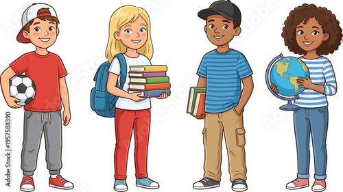 Diverse group of happy school students standing together with books, globe, and soccer ball for education and learning concept