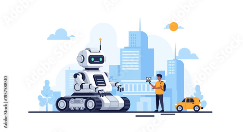 Robot interacting with person in futuristic city with autonomous vehicle