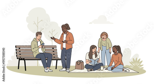 Diverse group of young people enjoying a picnic in the park, talking and reading