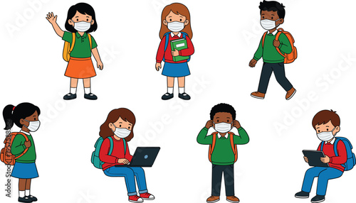 Set of diverse students wearing face masks with backpacks, laptops, and tablets for back to school during pandemic health
