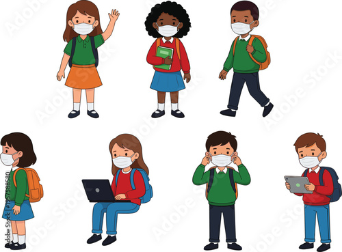 Set of school children characters wearing face masks, carrying backpacks, and using laptops for safe education during pandemic