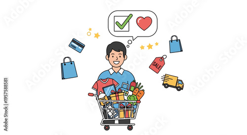 Happy Shopper with Full Cart, Sale, Delivery Truck, Credit Card, Shopping Bags - Vector Art