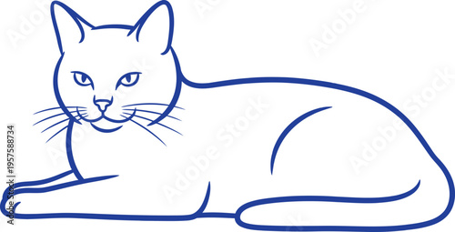A blue line drawing of a cat lying down and looking at the viewer with a curious expression on its face and body