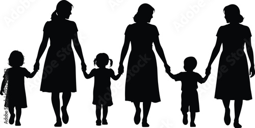 WebMother and children walking together silhouette set isolated on white background, family group holding hands, childcare and motherhood vector illustration