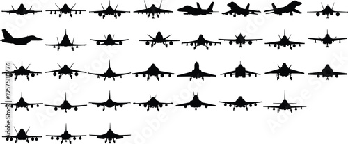 WebMilitary fighter jet silhouette set isolated on white background, air force aircraft collection, warplane aviation vector illustration for defense design