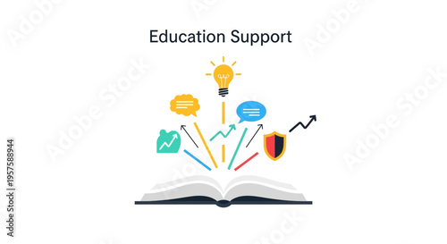 Open Book with Ideas, Learning, Growth and Support Symbols Erupting