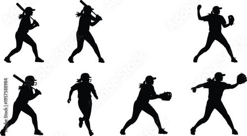 Softball player silhouette set isolated on white background, female baseball athlete batting pitching and running, sports vector illustration collection