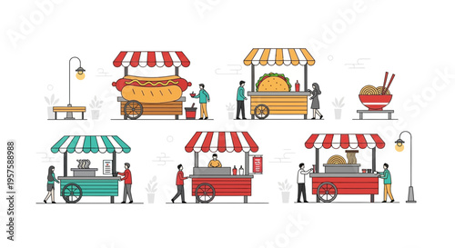Diverse Street Food Carts with People, Offering Hot Dogs, Tacos, and Noodles