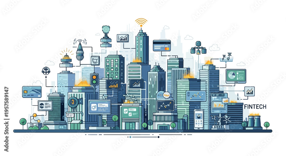 Obraz premium Smart City Fintech Network: Digital Technology and Financial Services Integration