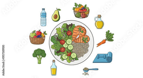 Healthy Balanced Meal: Salmon, Quinoa, Salad, Fruits, Veggies, Water, Oil