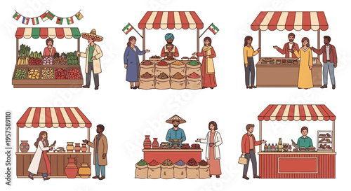 Diverse Market Stalls and Vendors, Global Shopping Experience