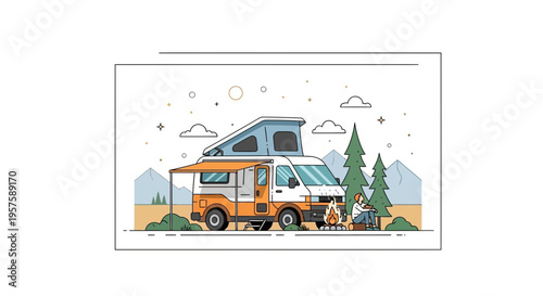 Campervan camping adventure with campfire and trees, minimalist illustration