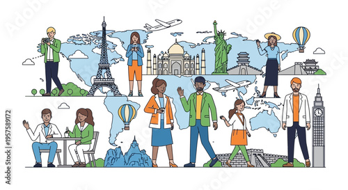 Global Travel and Tourism Collage: Diverse People, Landmarks, World Map