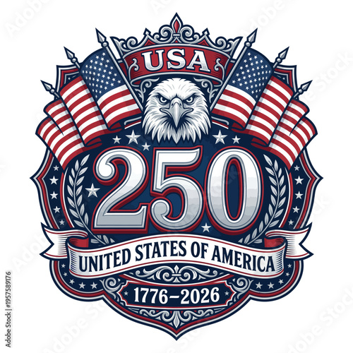 USA 250 Anniversary Patriotic Badge with Eagle and Flags 1776–2026 United States Emblem