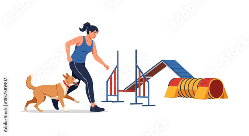 Woman training dog agility course, dog running through obstacle, pets, activity, sport