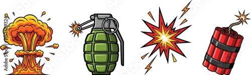 Cartoon explosive illustration set with mushroom cloud, grenade, stylized blast, and dynamite bundle for action and danger design.