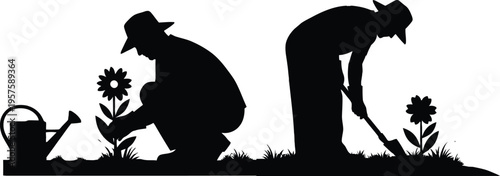Silhouette of two people gardening together with flowers and watering can outdoors