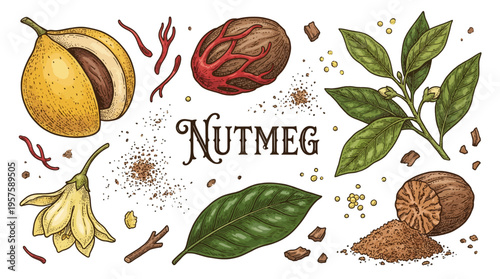 Vintage Nutmeg Botanical Illustration: Hand-Drawn Vector Set of Whole Fruit, Seed with Red Mace, Leaves, Flower, and Powder on Black Background