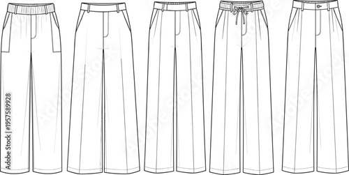 Women's wide leg pants flat sketch, front view collection, various waistband styles, fashion technical drawing, editable CAD vector design