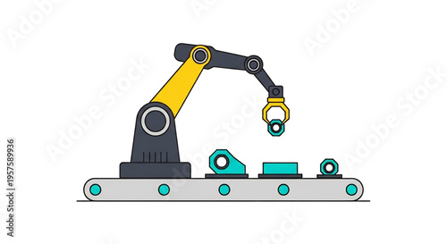 Robotic industrial arm assembling parts on a conveyor belt in a factory automation scene.
