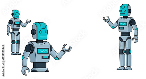 Different robot characters showing various gestures and interactions.