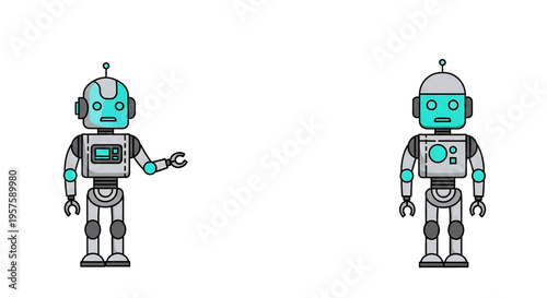 Two robot figures standing and representing artificial intelligence concepts.