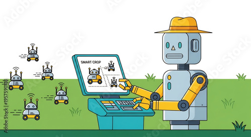 Robot controlling agricultural drones over a smart farming field.