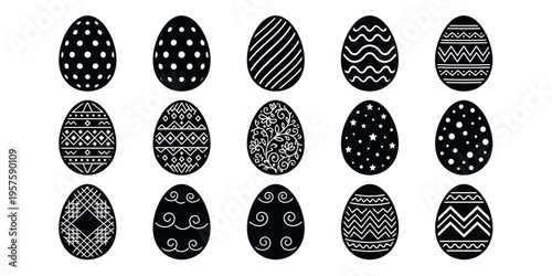 A collection of 15 patterned Easter egg silhouettes featuring floral, geometric, and abstract designs in black and white.