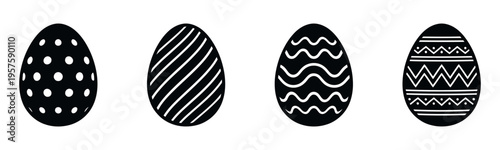 Set of four black Easter egg silhouettes with various white patterns like dots, stripes, waves, and geometric designs on a plain white background.