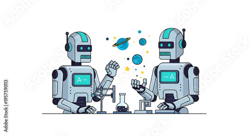 Two robots collaborating and exchanging data in a digital environment.
