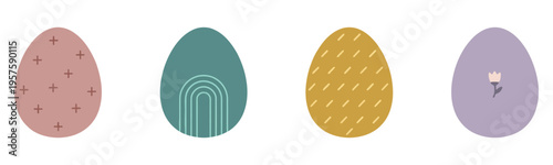 Minimalist boho Easter egg set with hand-drawn patterns in muted tones, featuring simple crosses, rainbows, and floral designs on a white background.