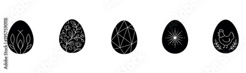 Set of five black Easter eggs with minimalist white line art patterns including floral, geometric, and chicken designs, isolated on white background.