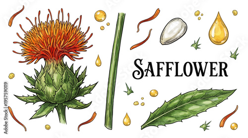 Safflower Botanical Vector Set with Flower Head, Seed, Leaf and Oil Drops Isolated on White Background