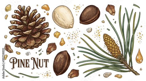 Vintage Hand-Drawn Pine Nut and Cone Botanical Illustration Vector Set with Seeds, Branch, and Resin Drops