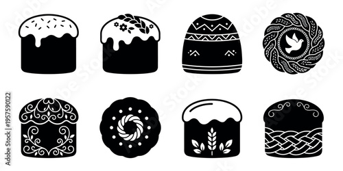 Collection of minimalist black silhouette icons of traditional Easter bread and festive cakes with diverse ornamental designs and icing.