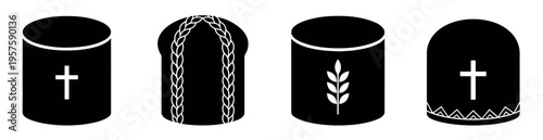 Set of minimalist black icons representing traditional Easter bread, kulich, and ritual loaves with religious symbols on a white background.