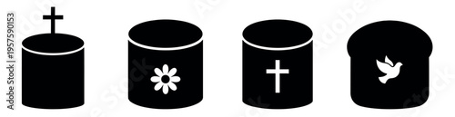 Set of black silhouette icons of cremation urns with various symbols including crosses, a flower, and a dove on a white background.