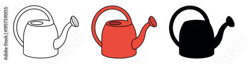Set of three watering can icons in outline, red, and solid black silhouette styles, isolated on a white background for gardening and plant design.