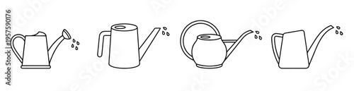 Four simple black line icons of various watering cans with falling water droplets. Clean minimalist design for gardening and horticulture themes.
