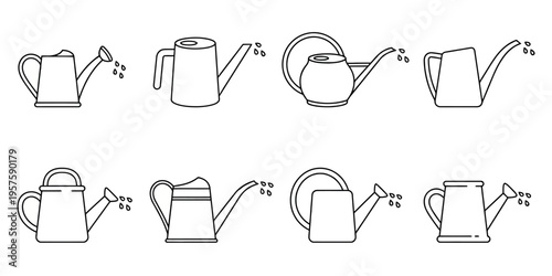Set of minimalist line art watering can icons in various shapes and designs on a white background, perfect for gardening and plant care concepts.