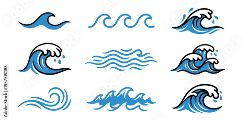 Hand-drawn set of blue sea wave icons and symbols. Minimalist illustrations of ocean surf, water ripples, and curling waves for design.