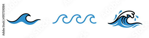 Set of three stylized blue and black ocean wave icons on a white background, representing calm ripples to a crashing surf.