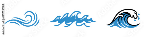 Three stylized blue ocean wave icons in various artistic styles, ranging from simple curls to powerful breaking waves, on a white background.