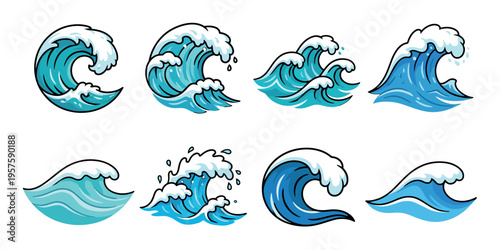 Set of cartoon ocean wave illustrations in various styles and shapes, featuring blue water and white sea foam against a white background.