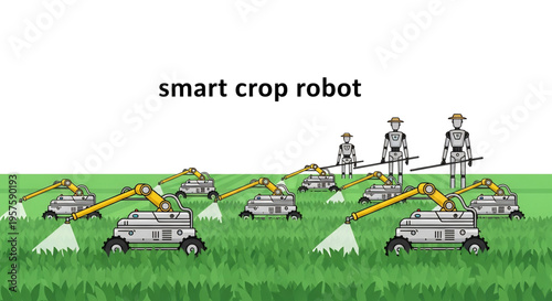 Autonomous robots working together in a crop field labeled smart crop robot.
